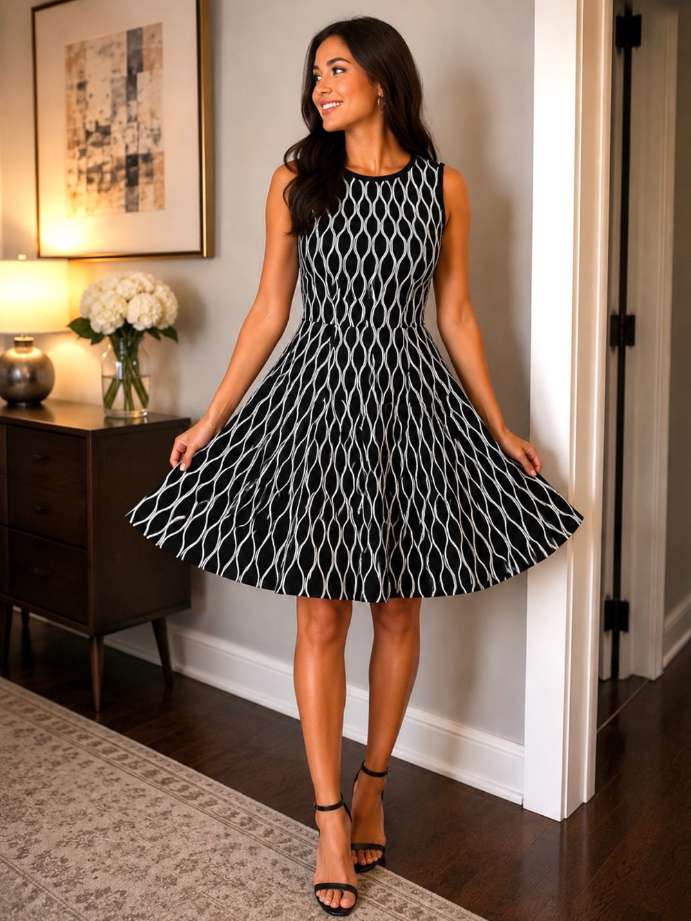 Saks Fifth Ave Knit Fit and Flare, Black and White Dress